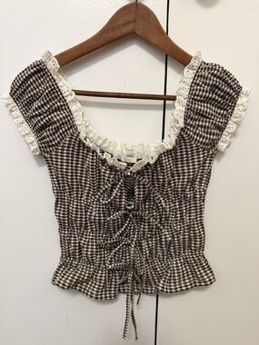 Zara Off The Shoulders Brown Gingham Lace-Trim Smocked Crop Top